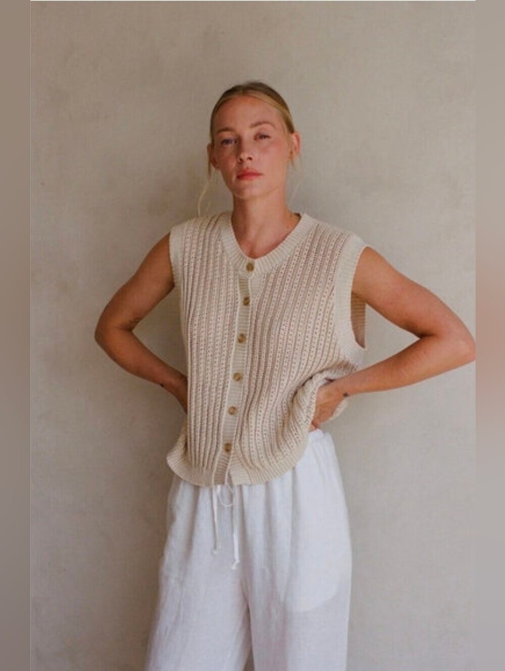 a.ren Selah Vest Natural Cream Knit Sleeveless Button-Front Sweater Vest Small